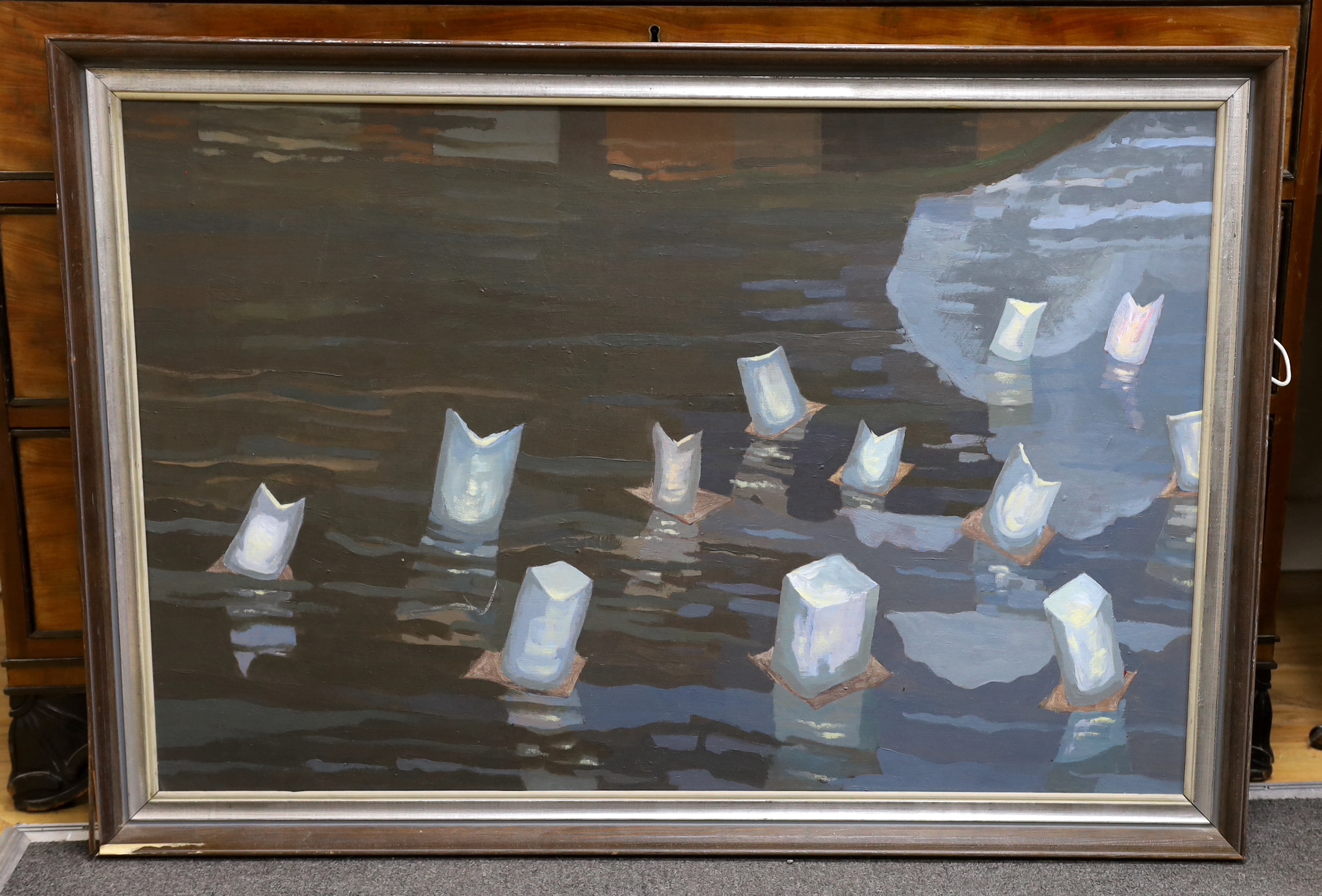 M. Douglas-Thompson, oil on board, 'Hiroshima Day on The Ouse', unsigned, inscribed verso, 59 x 90cm